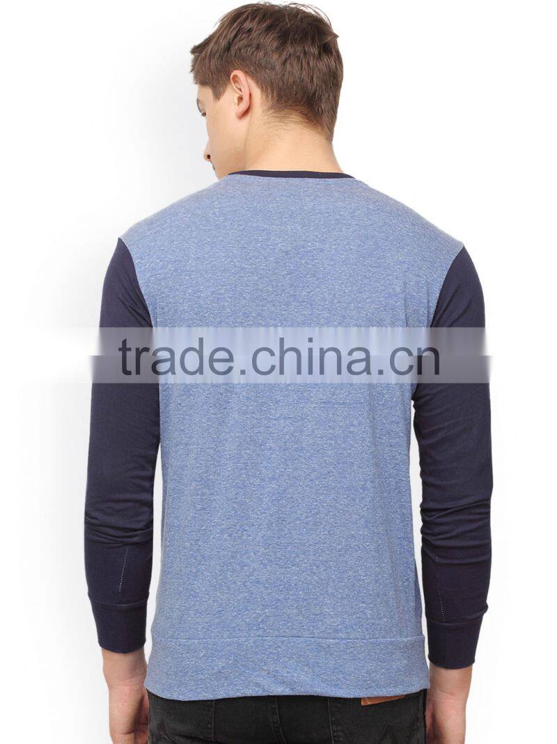 Men Blue Solid Round Neck Gym T-Shirt Waist Length Tee Long Raglan Sleeves Male Cotton Sport Tee Solid Custom Color