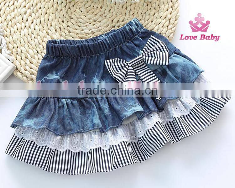 Latest Korean stripe bowknot children demin jeans skirts