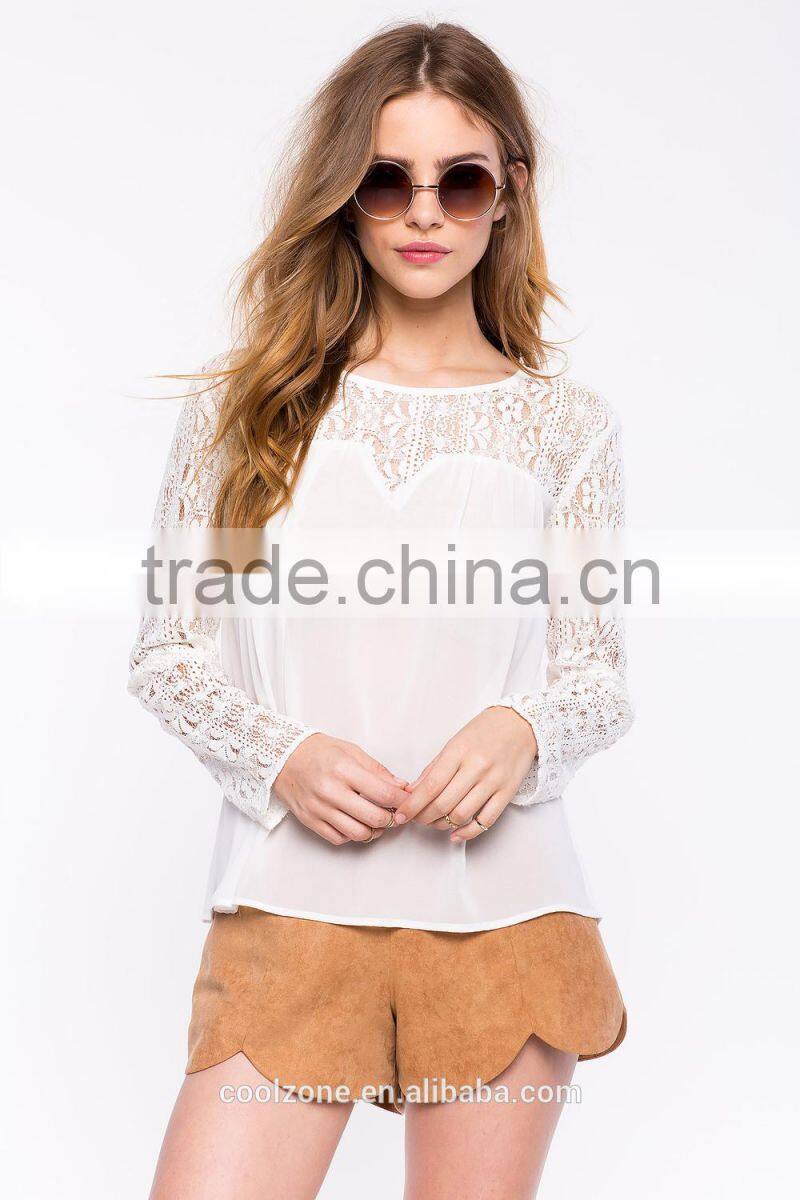 Contrast solid body sweetheat hem white lace blouse,women crocheted blouses