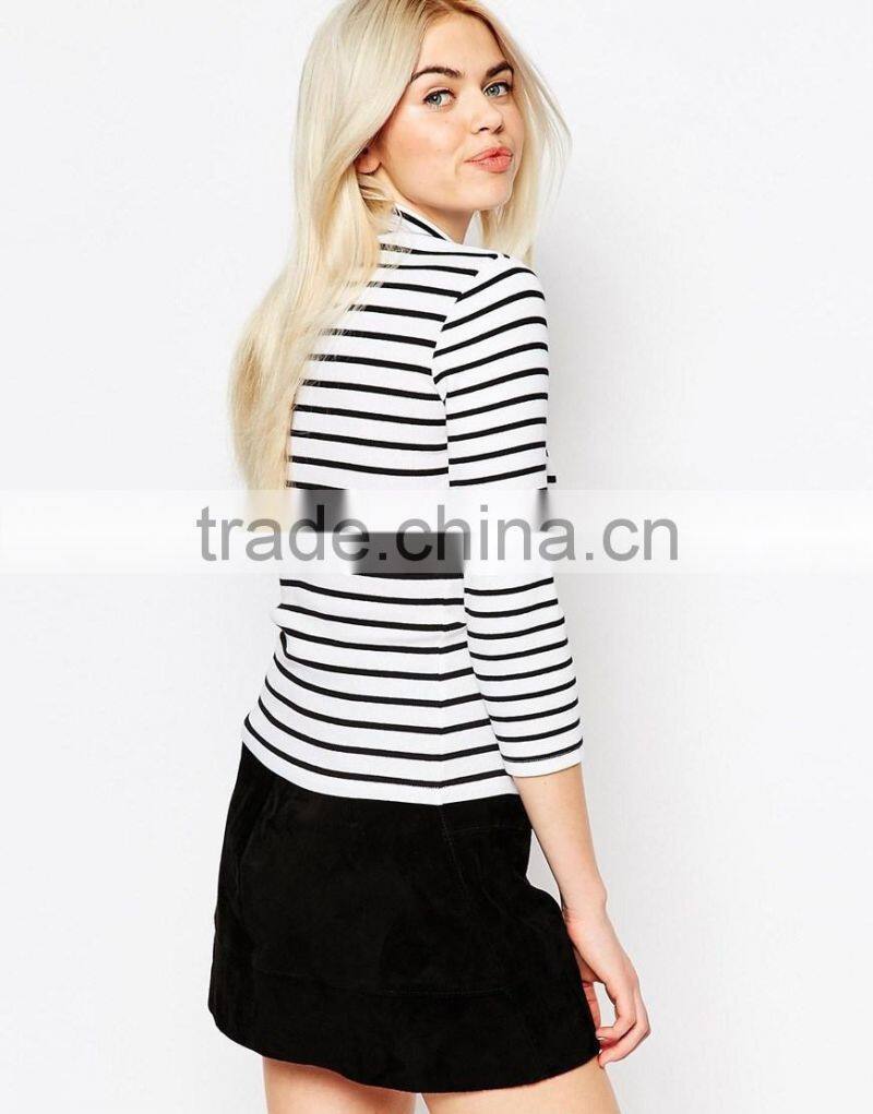 New design simple fashion stripe roll neck 3/4 sleeve t- shirt for lady