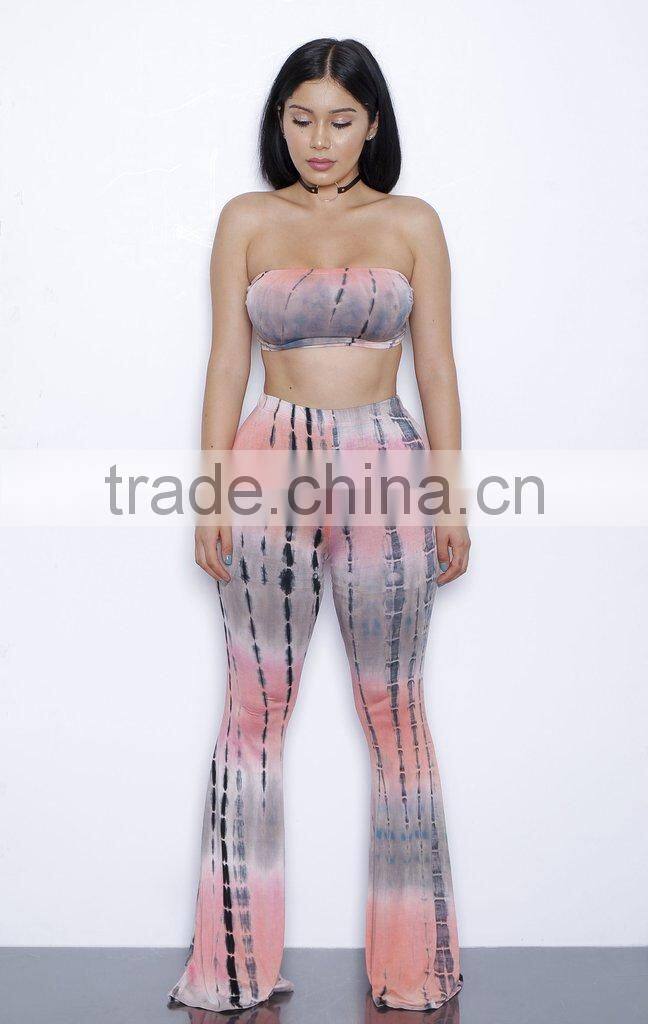 khaki gradient bell bottomed pants and top set /22 color xayn printed wide legging flare trousers and top two piece set