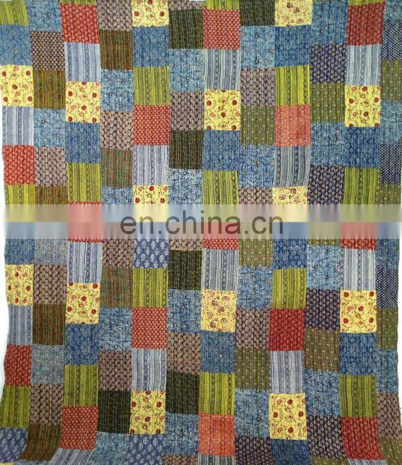 Ajrakh Block Print Kantha Patchwork Kantha Quilt Hand Block Print Fabric Indigo Print Multi Colour Bed Cover