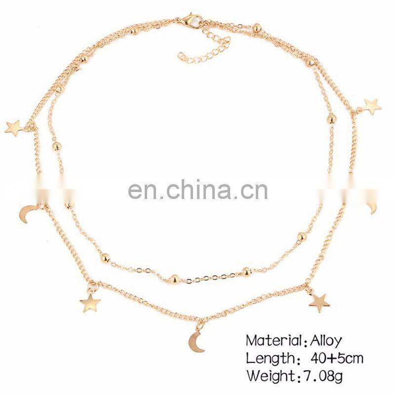 simple Moon Star Charm Choker Necklace for Women Gold and Silver Color Multi Layer Necklaces Jewelry