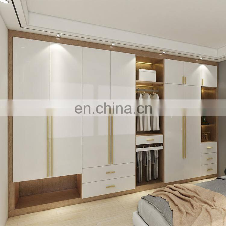 Modern mdf wooden cloth cabinet storage wardrobe furniture design custom bedroom white 6 door oak wood board wardrobe