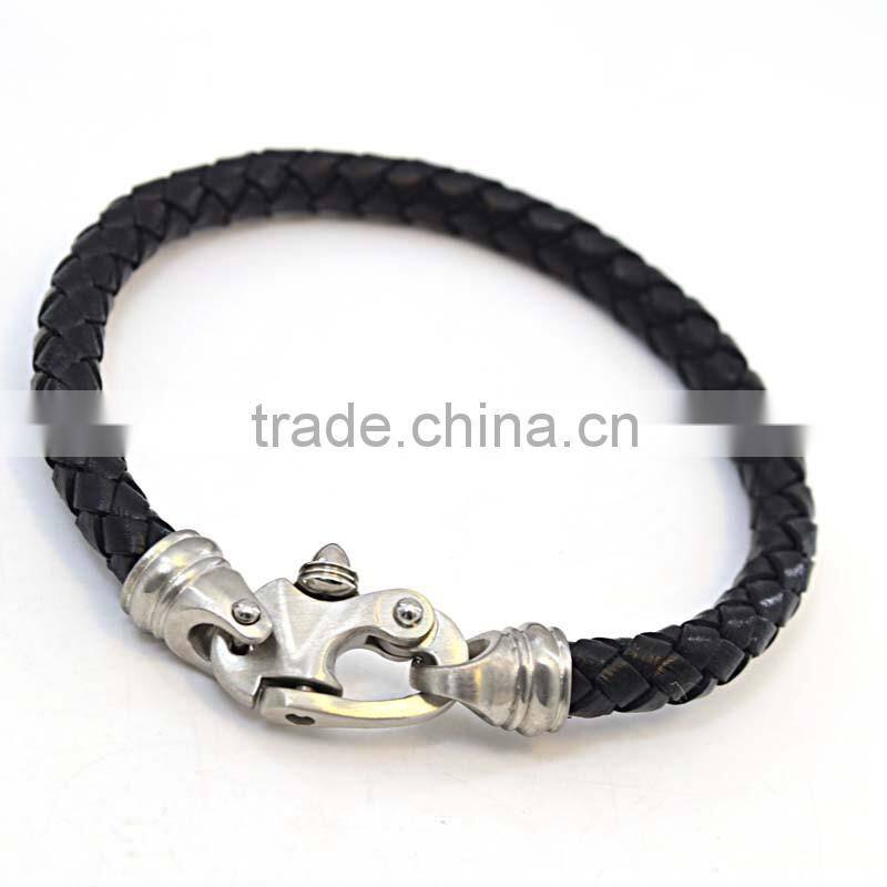 Stainless steel lock bracelets for women genuine black leather bracelets