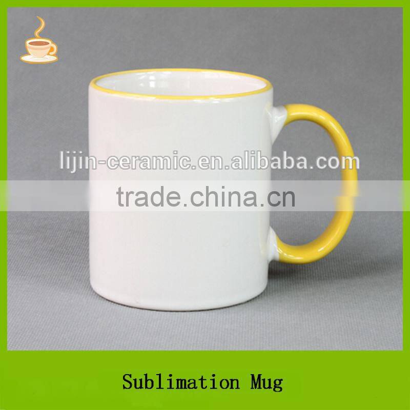 White coated with color handle and rim on the mouth cheap sublimation ceramic mug, T/T