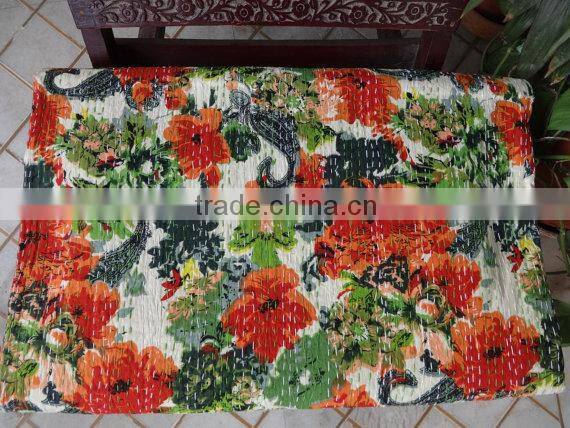 Handmade Kantha Quilt,Cotton Quilt India,Handstiched Floral Kantha Bedspread,Full Double Size Kantha Bedcover,Indian Kanthawork
