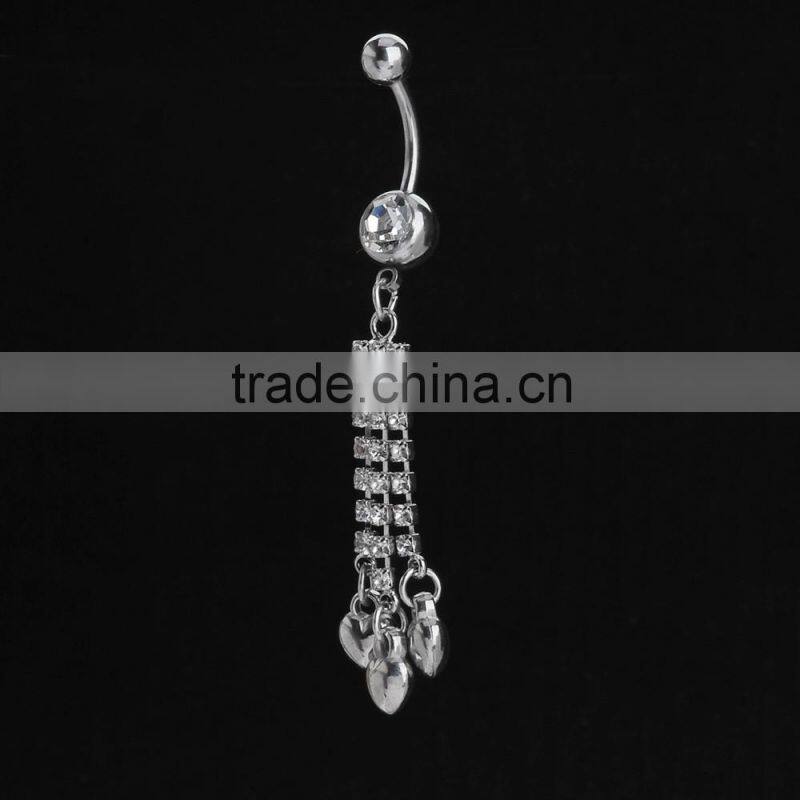 Multi Clear Gems Chains With Iron Heart Drop Dwon Charms Dangle Belly Button Naval Ring.