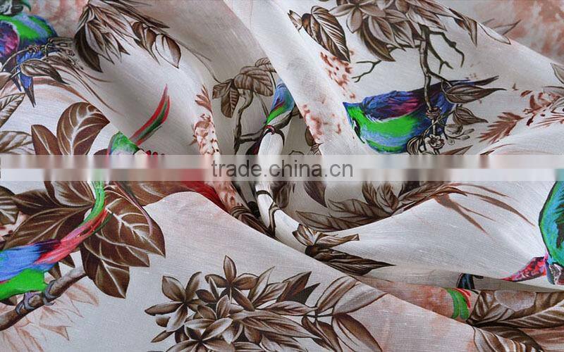 parrot bird branch leaf printed silk linen blend fabric