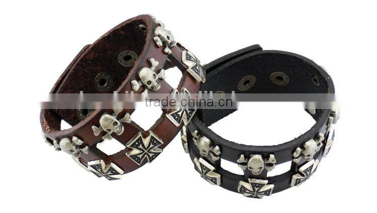 Cool Rock Leather Skull Bracelet Button Adjustable