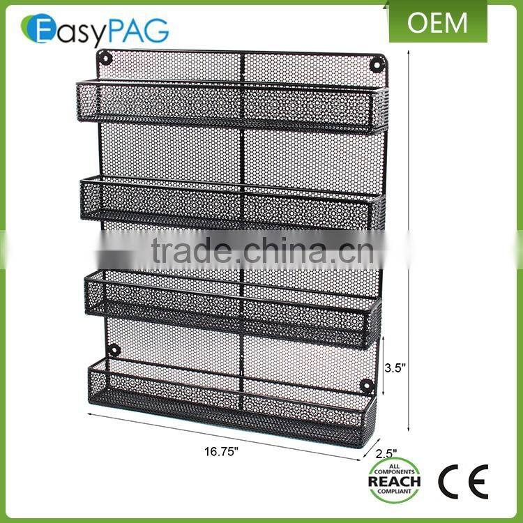 Kitchen accessories 4 tier black paint wire mesh wall mounted spice rack