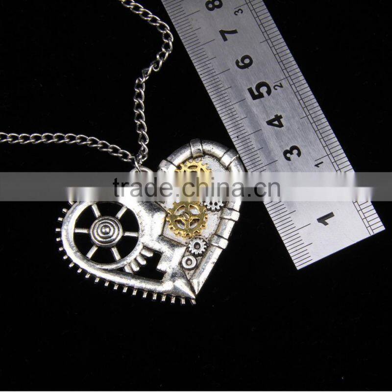 2015 yiwu fashion imitation jewelry hot sale steampunk necklace gear steam heart pendant cameo statement necklace