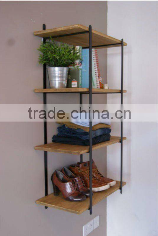 Wooden 4 Tier Shose Shelf Unit Display - With Vintage Iron Wall Mounted Frames