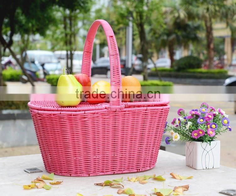 Wholesale plastic wicker storage basket oval shape fruit basket with cover