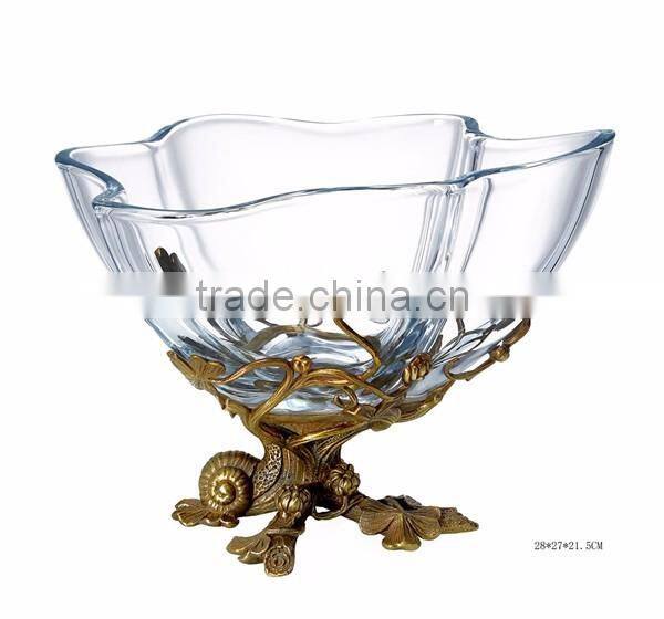 Ornate Crackle Crystal Footed Bronze Mounted Planter, Hand Engraved Crystal Vase With Bronze Casting Dragonfly Base