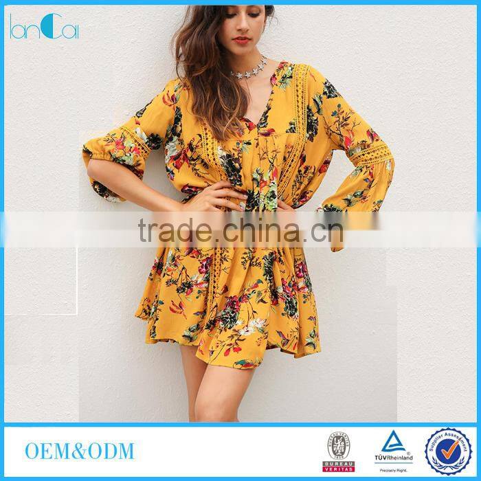 2017 hot sell vintage flower print lace summer boho dress women long lantern sleeve loose short dress women