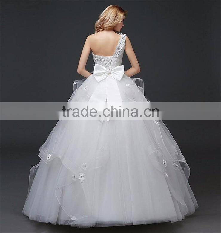 Floral Lace Trim Hem One Shoulder Crystals Pearl Ball Gown Appliques Lace Tulle Customize Wedding Dresses
