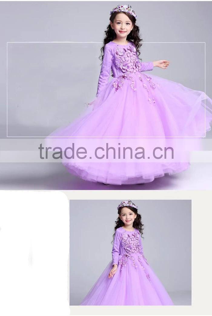 High quality Violet Elegant girls Princess Long sleeveless Wedding dresses Ball Gown dress Appliques Purple Tulle party dresses