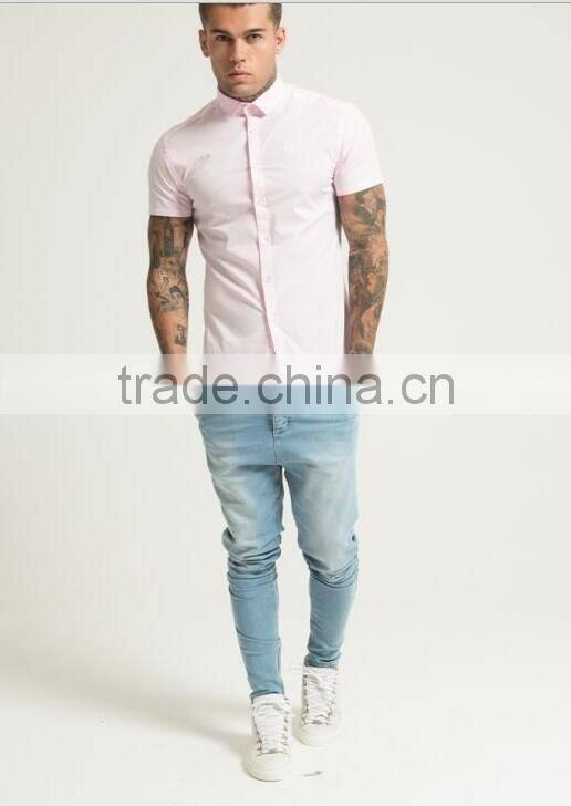 Mens high quality pink shirts slim fit shirts short sleeves shirts for sale