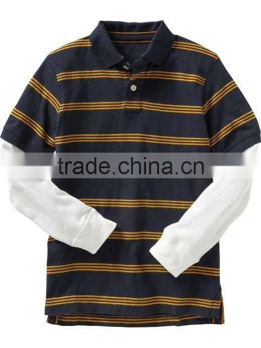 BOYS STRIPED LONG SLEEVE POLO T SHIRT WITH CONTRAST LAYER SLEEVES