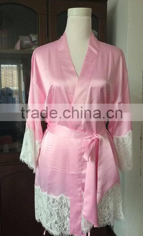 Customize ladies luxury silk satin knee length robe, sexy lace trim long sleeve kimono robe,