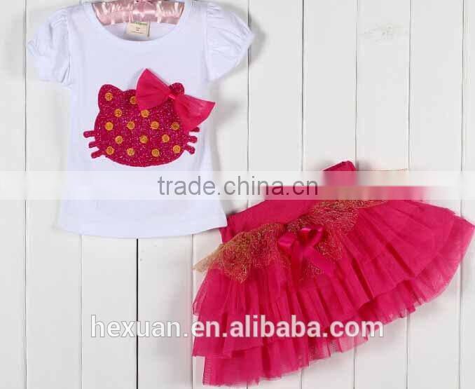 S80005T, baby's girls kids children's suits,Girls clothing sets Lovely Big flower T-shirt + tutu skirt 3D bow skirt