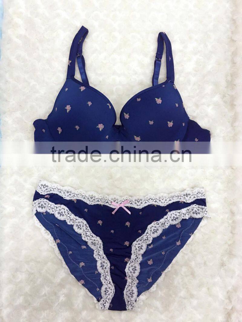 Lovely flower printed hot sale sexy ladies fancy bra panty set