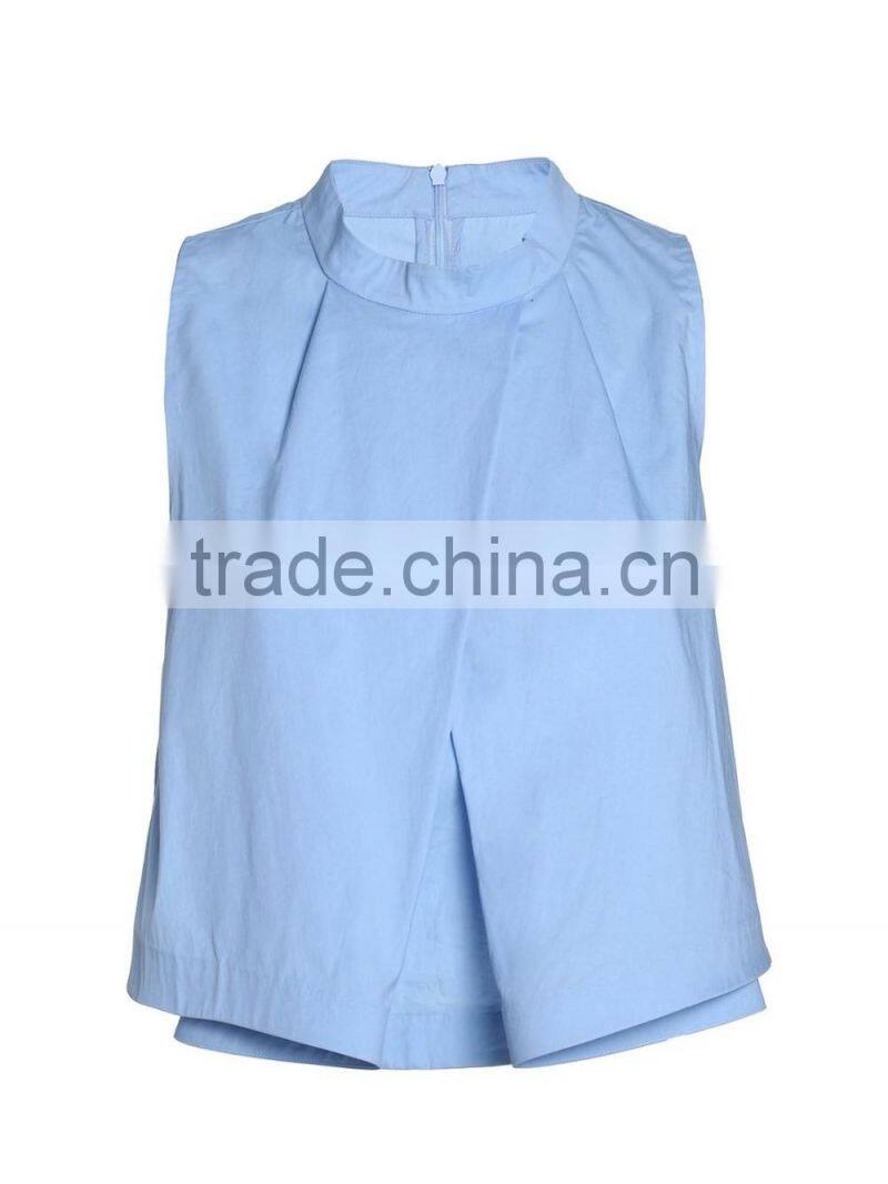 Ladies office sleeveless cotton blue O-neck blouse/shirt tops with back zipper-up