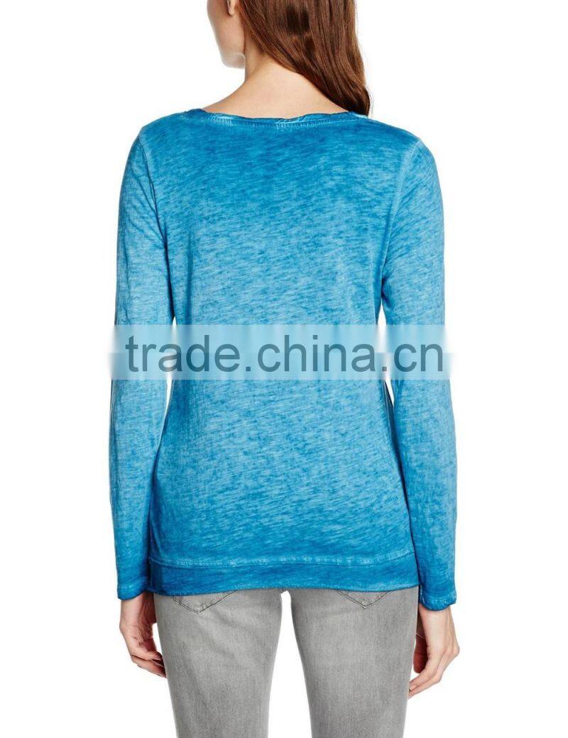 Women's long sleeve 100% cotton acid wash vintage t shirt