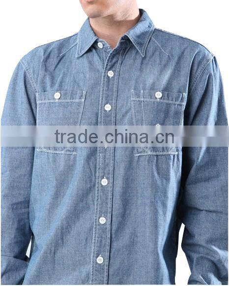 2016 new the cardiff twill military medium wash denim shirt with two chest pockets