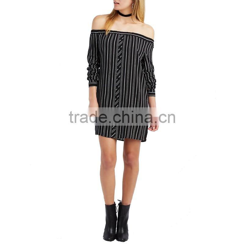 OEM service plus size polyester off shoulder stripe long sleeve elgant casual dresses fashion lady dress