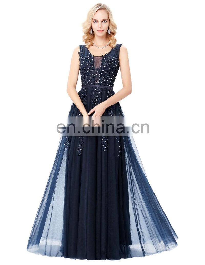 Grace Karin Elegant Deep V-Back Soft Tulle Netting Sleeveless Long Navy Blue Evening Dress 8 Size US 2~16 GK000130-1