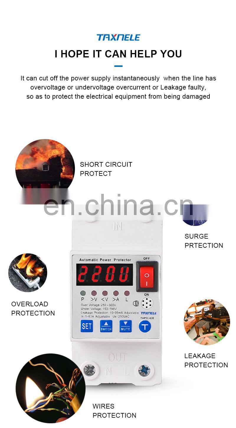 adjustable over voltage under voltage protector automatic 63A 40A RCBO Lightning Surge Power Leakage protector