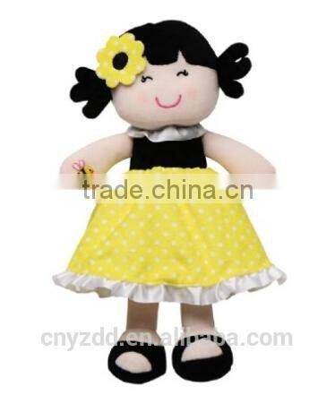 Fabric Rag Doll in Black and Yellow Skirt/ Plush Baby Doll 10" Tall