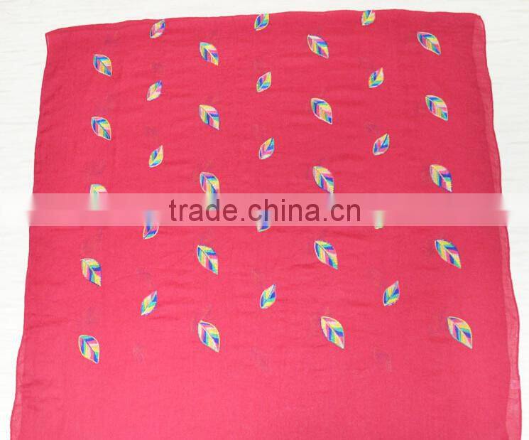 New Style Korea Lady Fashion Cotton 3D Colorful Leaf Embroidery Viscose Shawl