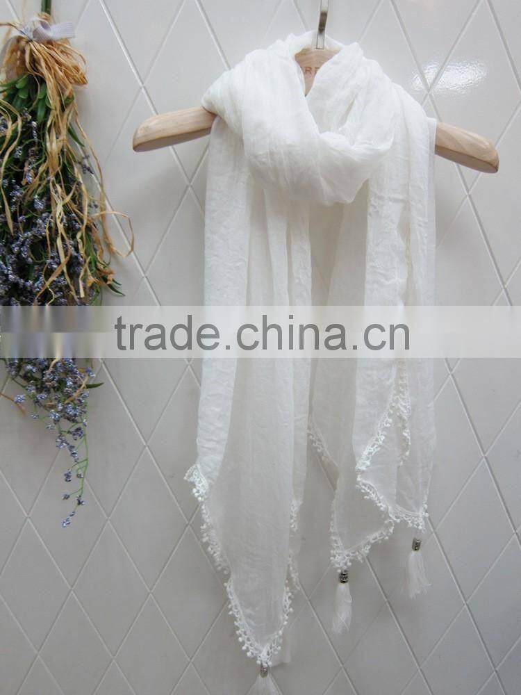 Fashion Latest Large Long Plain Cotton Linen Embroidery Lace Brim Tassel Scarf Shawl