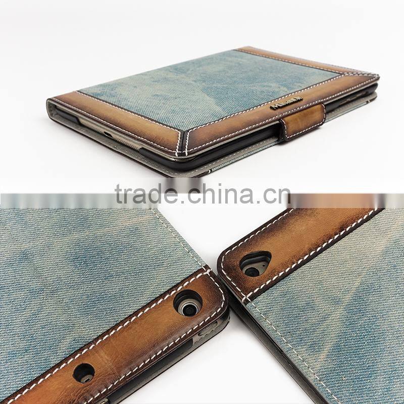 Cowboy Design Jeans/Denim Fabric With Brush-Off Leather Trimming Tablet Case For iPad Air2 OEM/ODM