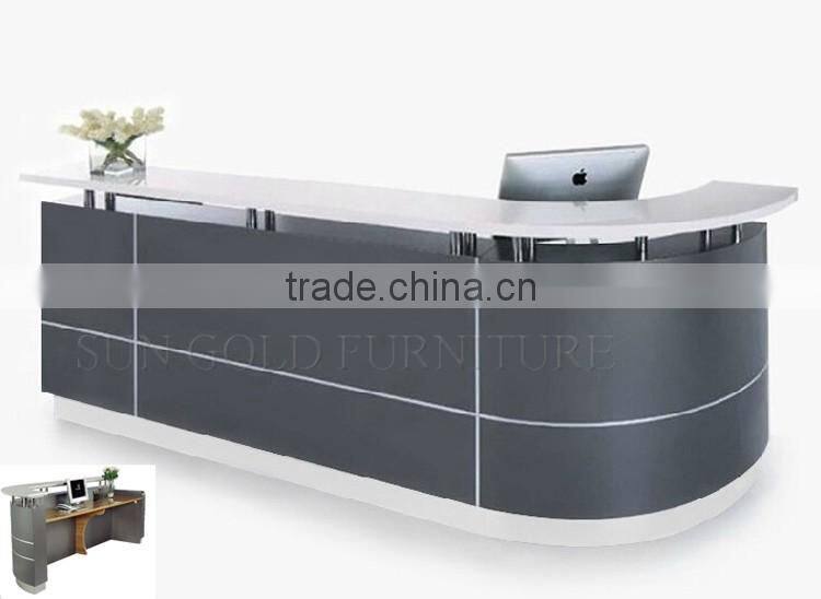 Black curved wooden reception counter front office desk design (SZ-RTB036)