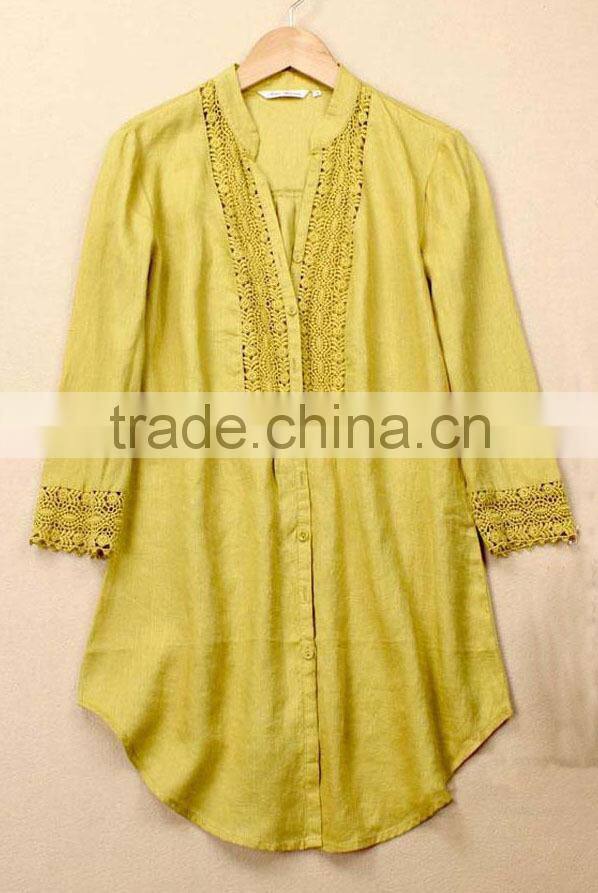 ladies' soft linen shirt plain dye fabric blouse long sleeve lace ornament top