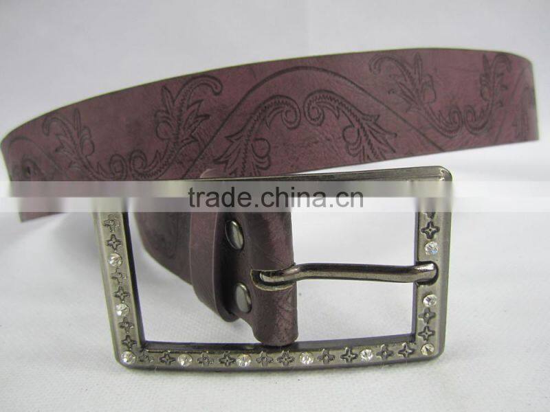 fashion PU flower embossed belt with rihnstone buckle for girls
