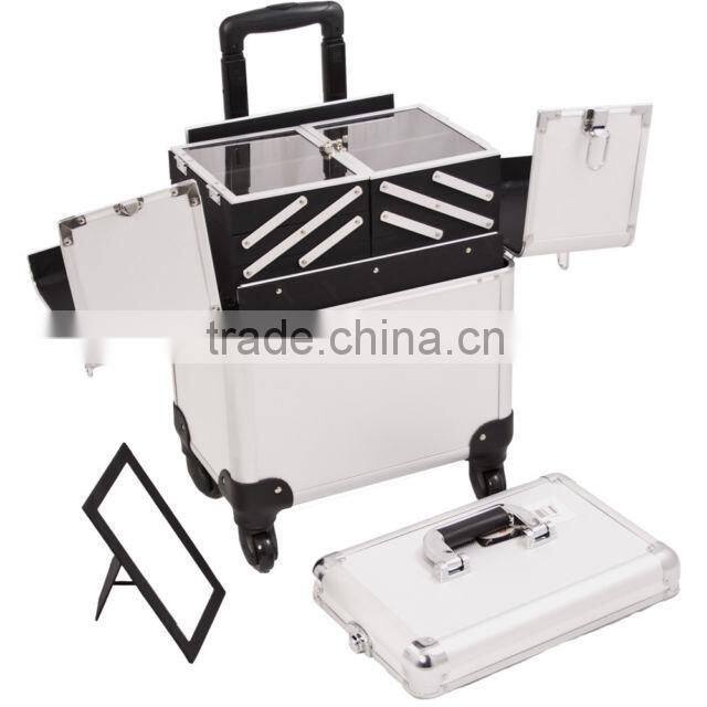 Silver Texture Professional Aluminum Rolling Cosmetic Case Makeup 3-Tier Trolley
