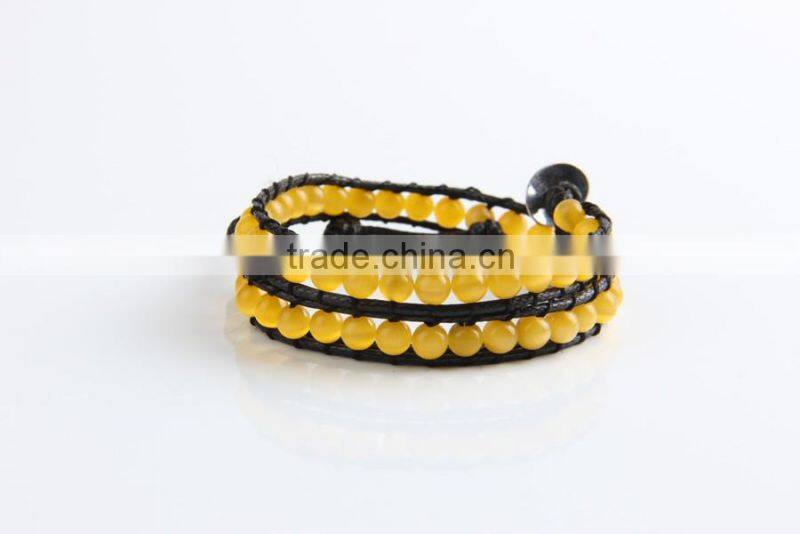 6mm natural yellow opal beaded wristband rope bracelet, adjustable leather bracelet, multi layer bracelet