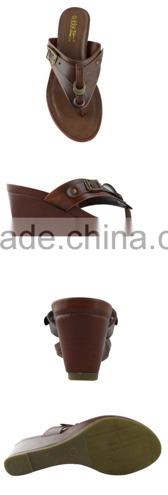 newest ladies PU flip flop high heel wedge slipper shoes with metal belt wholesale