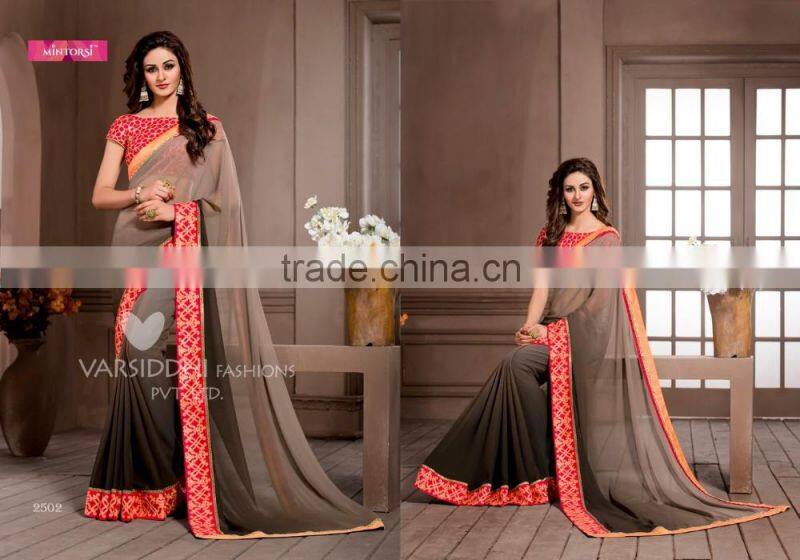 Glided Light Yellow Georgette Saree/Traditional Indian Sarees
