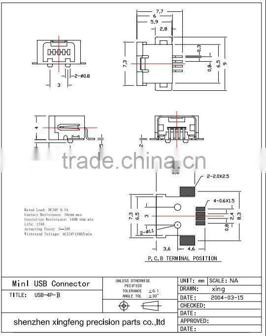 4pin female mini usb connector, micro female 4 pin connector socket