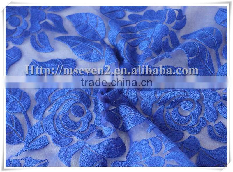 Applique blue rose embroidery tulle lace fabric chemical mesh guipure dress fabric