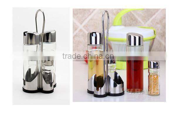 Green powder spraying condiment set,stainless steel condiment container&crue-stand,2pcs glass cover spice jar