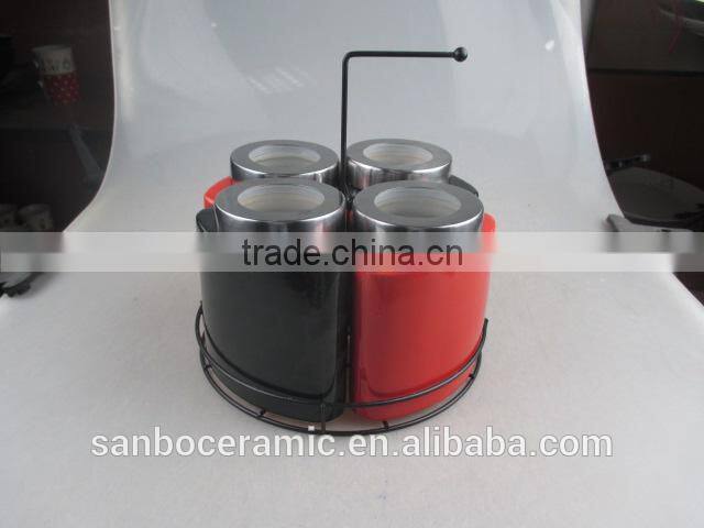 Coffee Tea Sugar Ceramic Storage Jar With Plastic Lid in Red & Black Color
