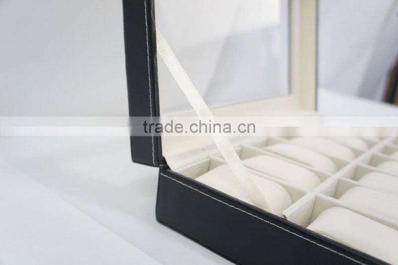 Black Leather 12 Mens Watch Box Glass Top Watch Display Case Organizer