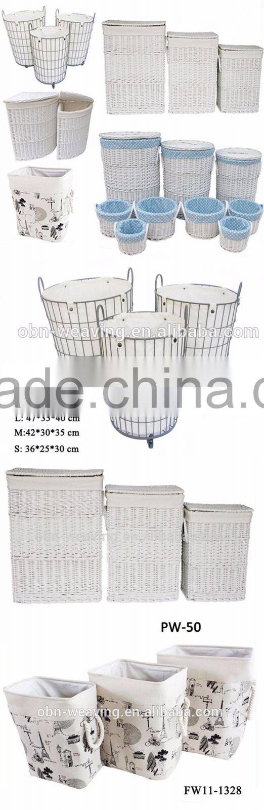 Wholesale custom high quality handmade white durable wicker metal fabric laundry basket